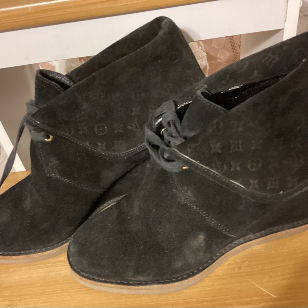 Louis. Vuitton black suede wedge booties